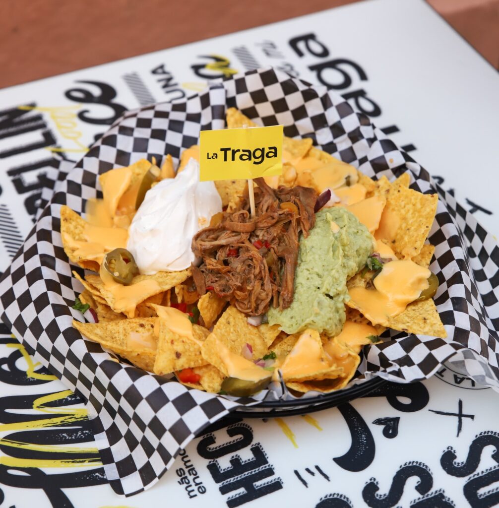 Nachos with sour cream. shredded beef and guacamole.